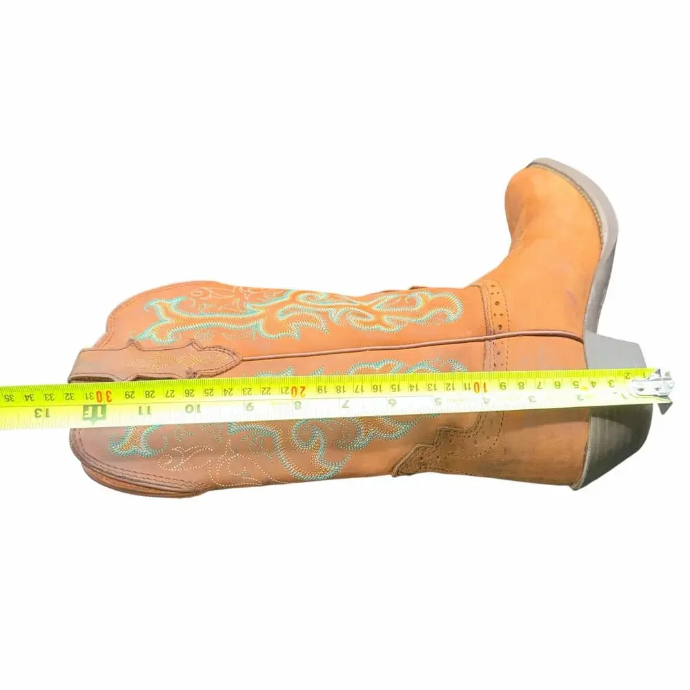 Justin Leather Western Boots Tan Turquoise Stitch Women 7B